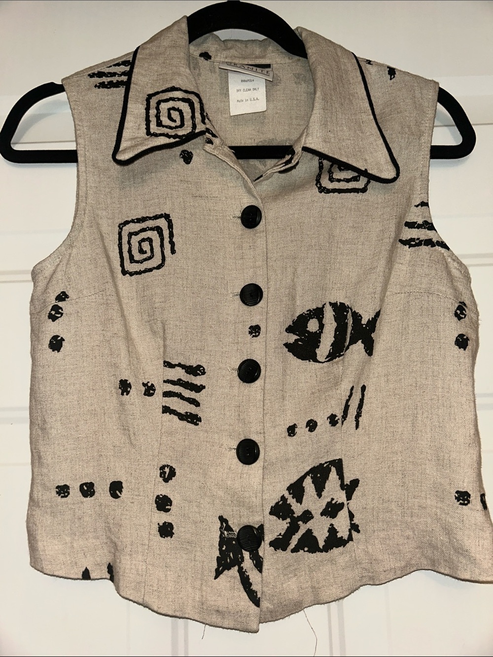 Granite Sleeveless Tribal Linen Button-Up Vintage Top 7/8 Tan Black Vest Artsy